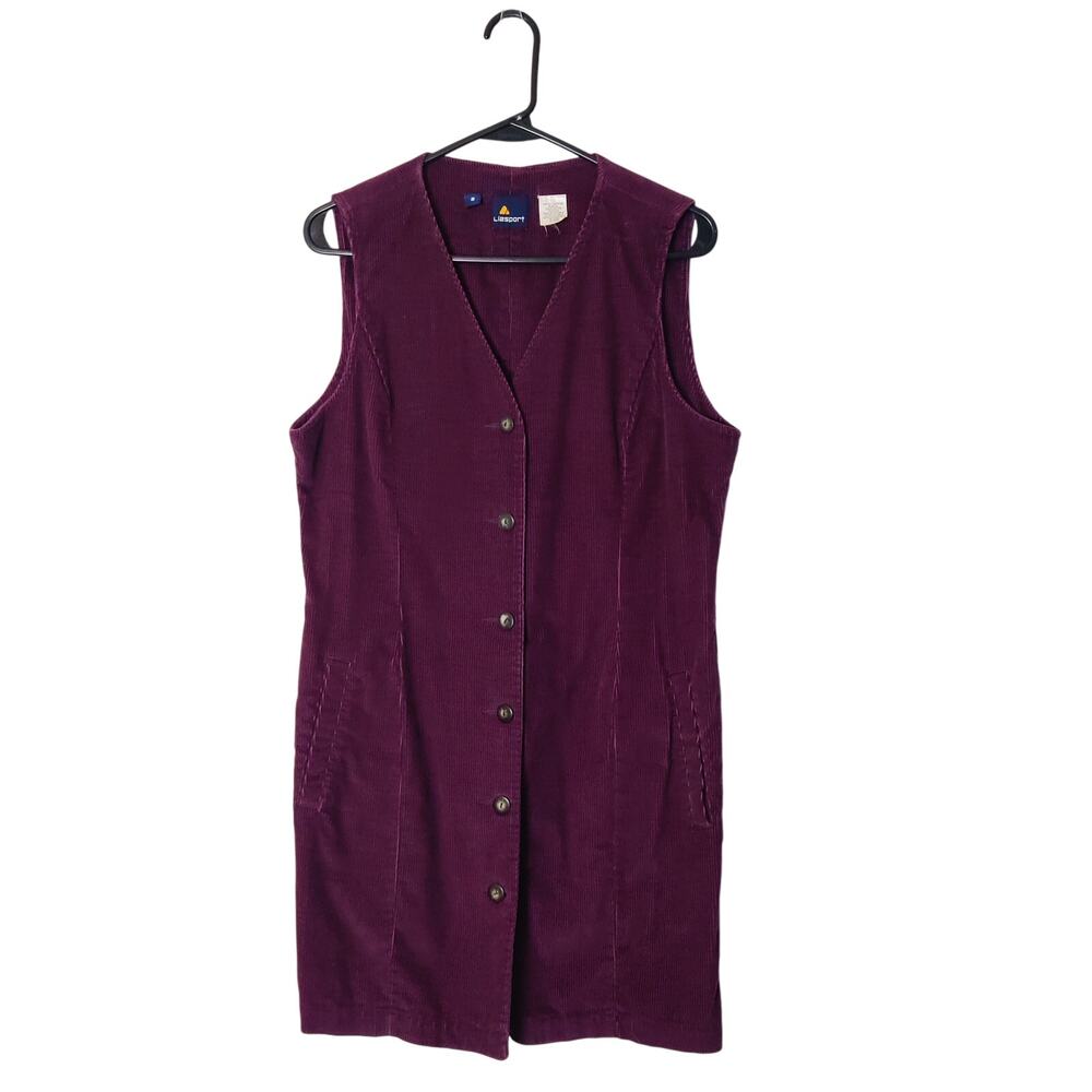 Vtg 90s Lizsport Aubergine Purple Corduroy Button Front Jumper Vest Dress Small